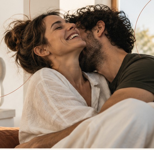 Couple sharing a joyful and affectionate moment at home