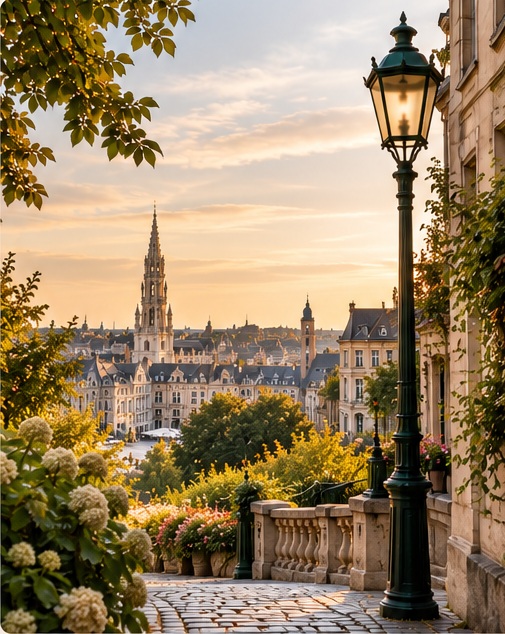 Warm Brussels city street and historic rooftops in late afternoon light