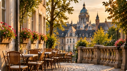 Quiet Brussels cafe terrace and neighbourhood architecture in soft sunlight