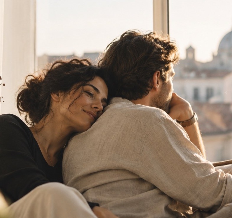 A warm, intimate couple sitting together by a window