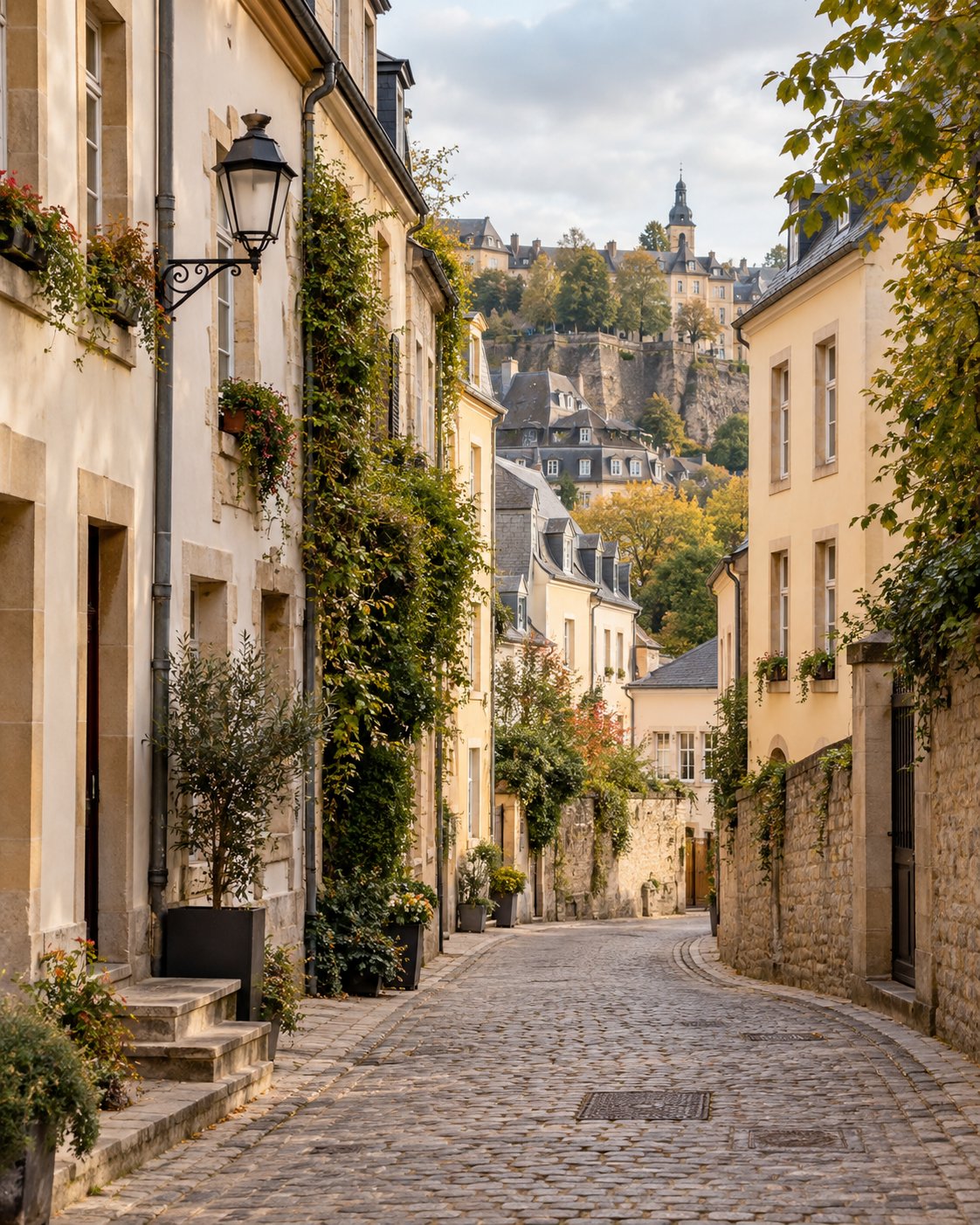 Warm editorial illustration inspired by historic Luxembourg City streets, with stone buildings and leafy details