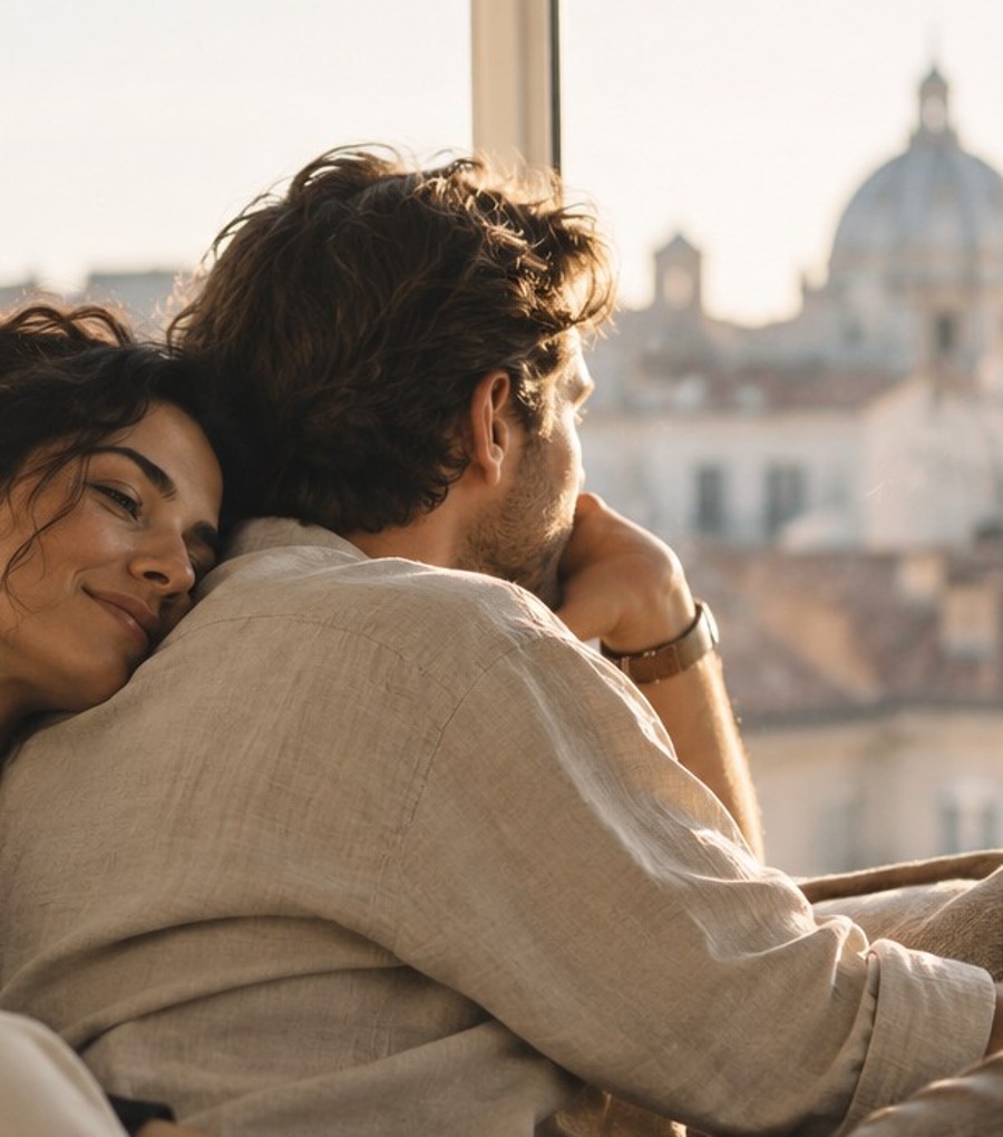 Two partners sharing a quiet moment together near a sunlit window