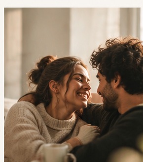 Couple sharing a tender moment together on a sofa