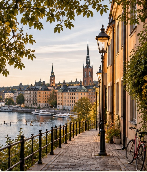 Warm Stockholm-inspired city waterfront, cobbled street and historic buildings
