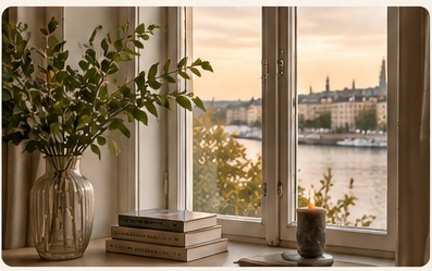 Warmly lit interior with books and plants beside a Stockholm-inspired waterfront window