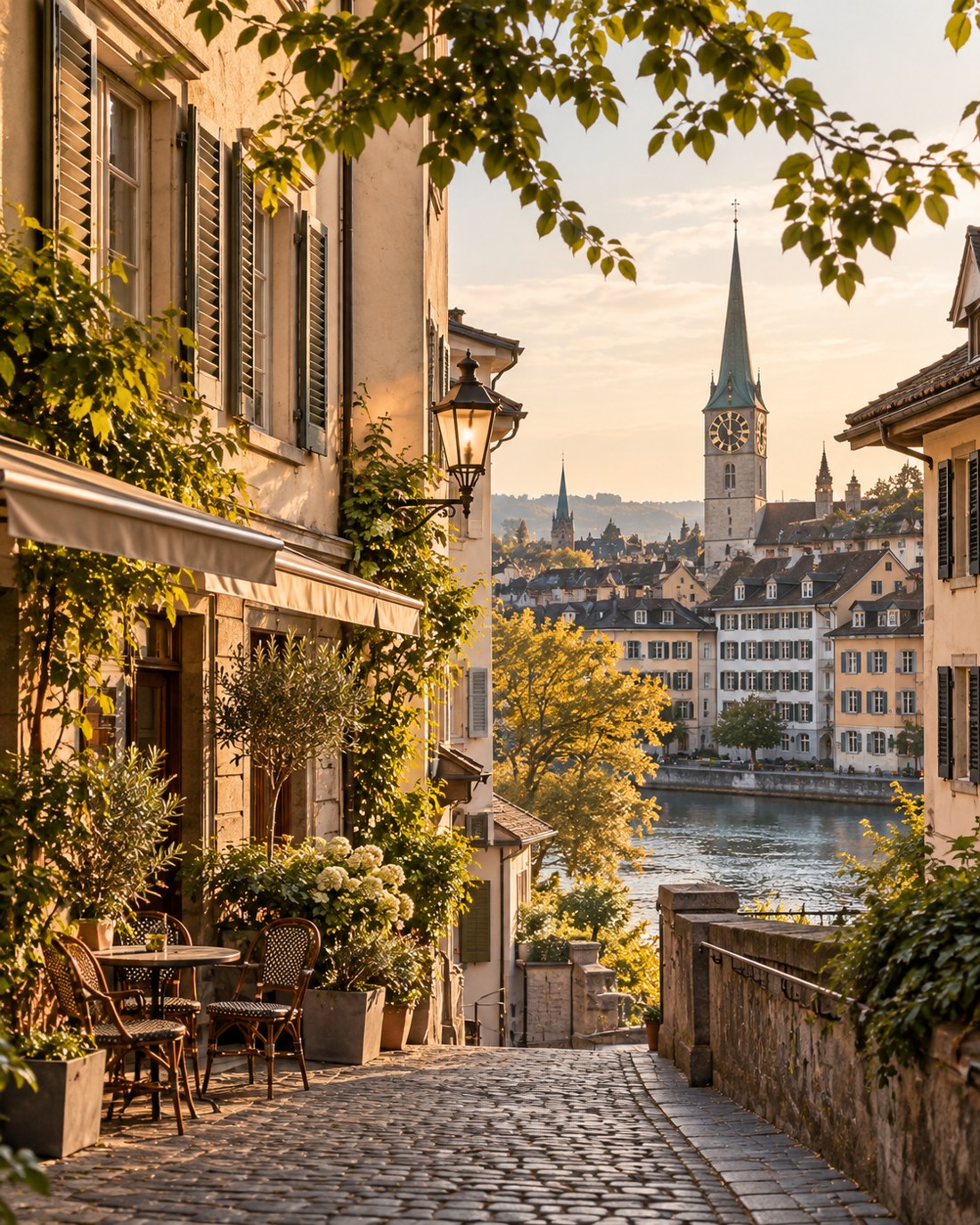 Zurich-inspired old-town lane beside the Limmat, with everyday cafe tables and soft evening light
