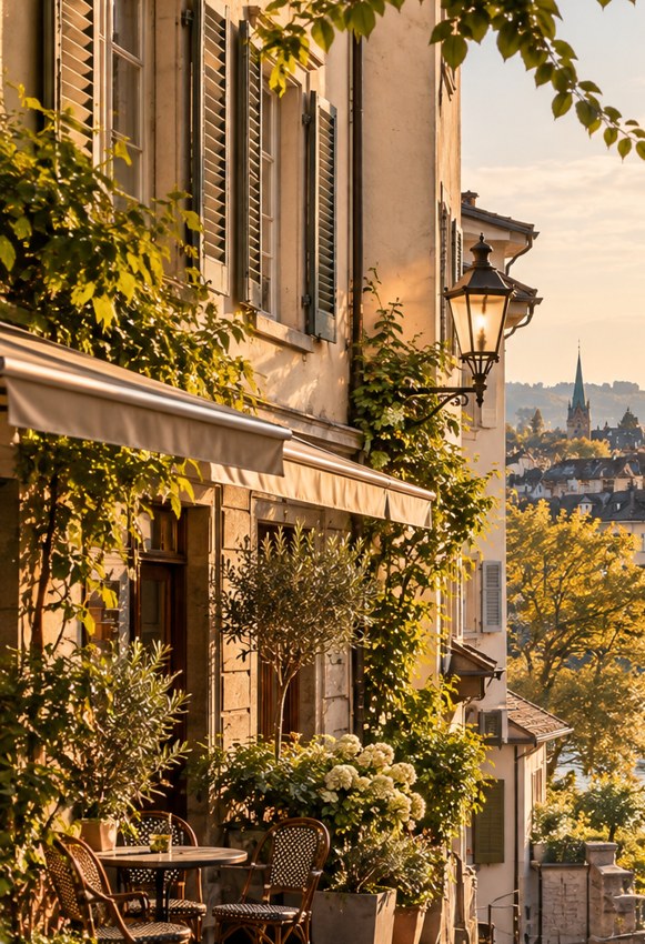 Warm architectural detail of a leafy historic neighbourhood in a Zurich-inspired scene